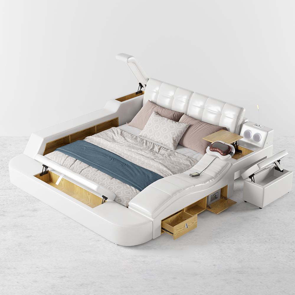 King White Smart Bed Faux Leather Bed with Charger, Massage & Speaker