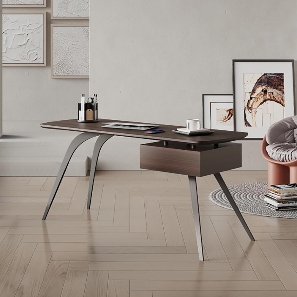 55" Modern Walnut Office Desk Rectangular Writing Desk with 1 Drawer