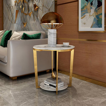 Gold Faux Marble Round End Table with Storage Shelf for Living Room