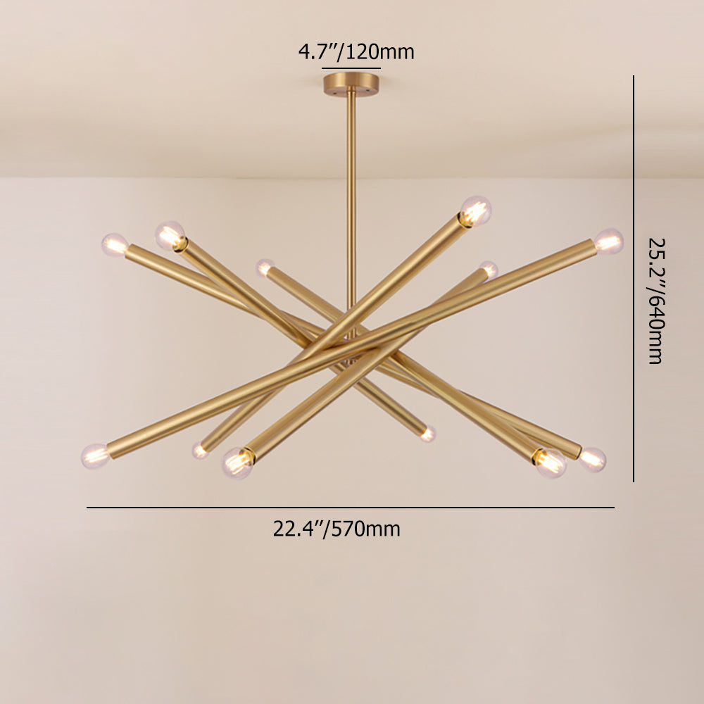 Modern Gold 12-Light Sputnik Semi-Flush Mount Light with Brass Hanging Rod