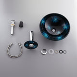Dark Blue Tempered Glass Circular Vessel Sink Waterfall Faucet Set Pop-Up Drain Included
