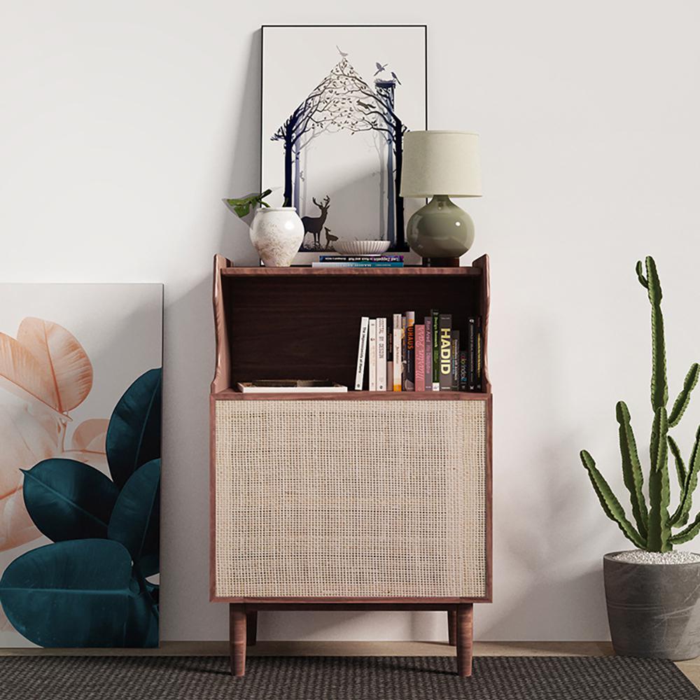 Nordic Nightstand 1-Shelf Wooden Bedside Table with Rattan Woven Door in Natrual