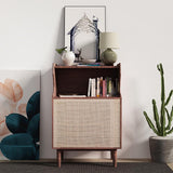 Nordic Nightstand 1-Shelf Wooden Bedside Table with Rattan Woven Door in Natrual