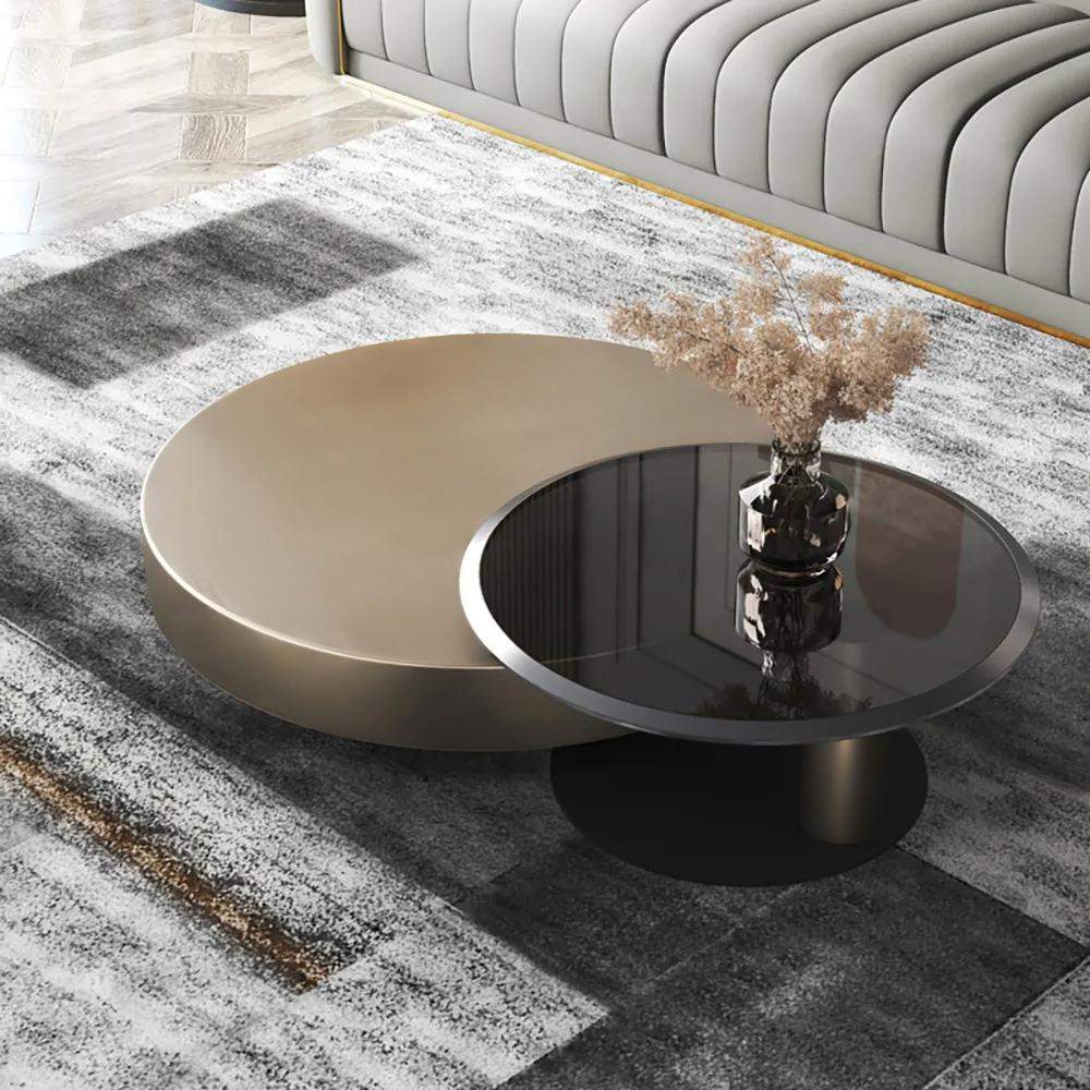 Modern Gold & Black 2-Piece Round Nesting Coffee Table Set with Tempered Glass Top-Richsoul-Coffee Tables,Furniture,Living Room Furniture