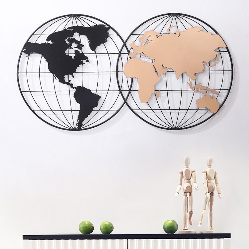 Modern Geometry Metal Round Frame Black & Rose Gold World Map Wall Decor