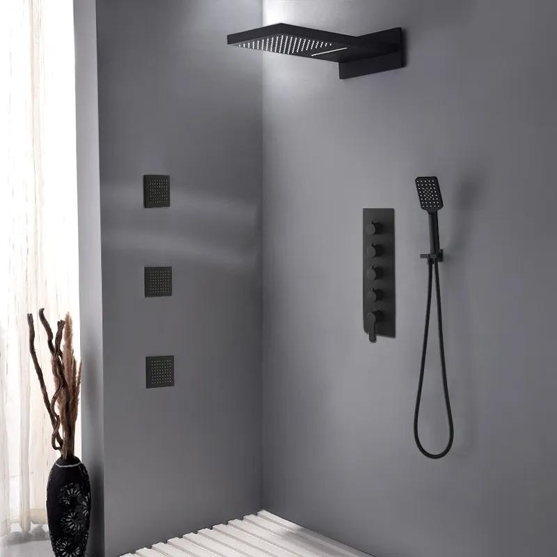 Wall Mounted Waterfall Rain Shower System with 3 Body Sprays in Matte Black