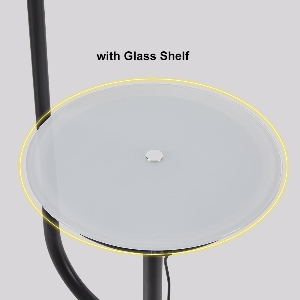 Lámpara de pie ajustable negra moderna Luz de lectura de pie LED con estante de vidrio