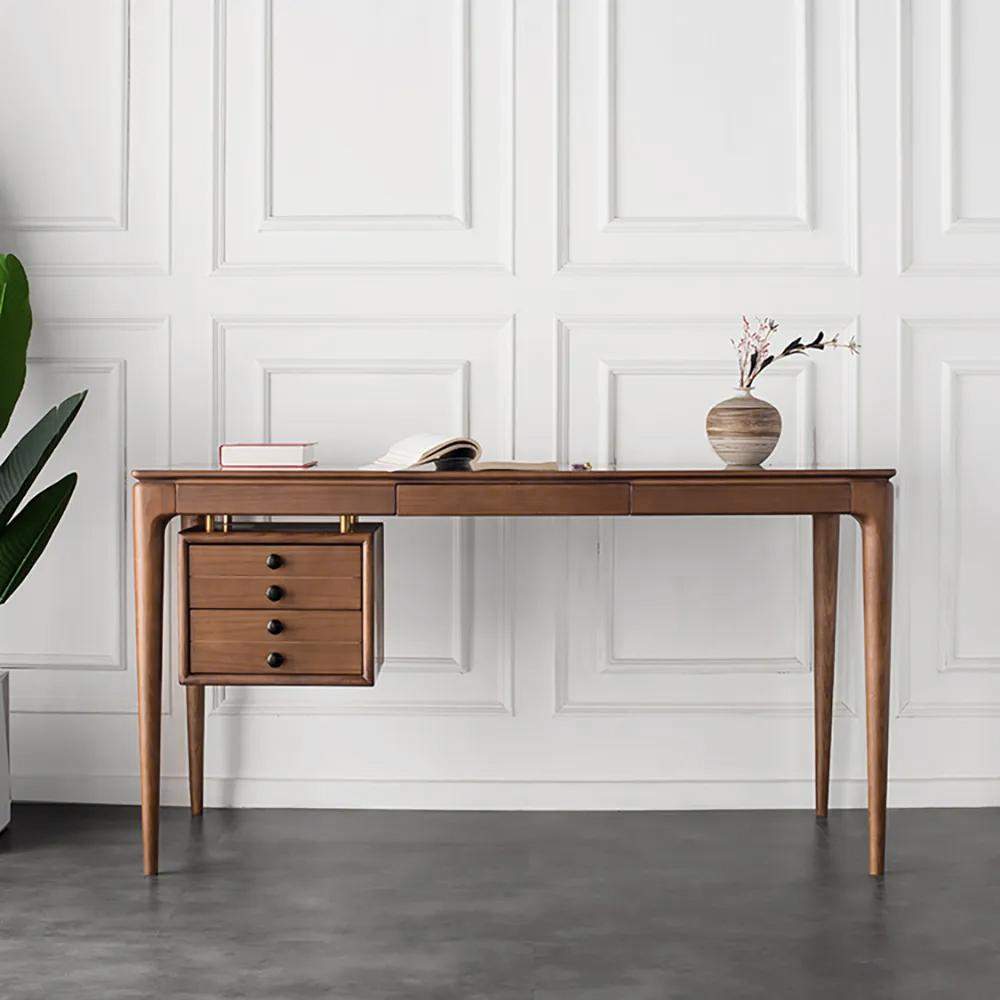 Mid Century Walnut Ash Wood Writing Desk with 5 Drawer-Desks,Furniture,Office Furniture