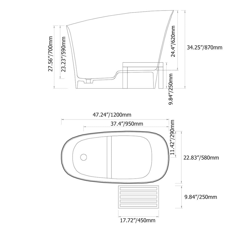 47" Modern Oblique Deep Freestanding Matte White Stone Resin Japanese Soaking Bathtub