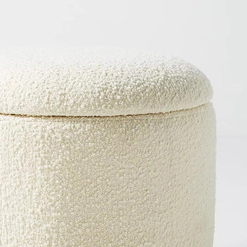 White Boucle Vanity Stool with Flip Top Storage Round Ottoman, Walnut Legs