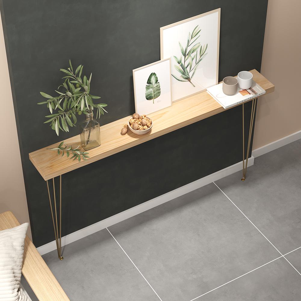 39" Modern Walnut Narrow Rectangular Console Table with Wooden Top Metal Legs
