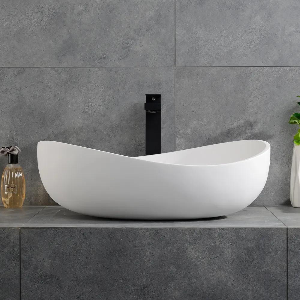 Bathroom Stone Resin Oval Vessel Sink Modern Art Sink Glossy White with Pop Up Drain