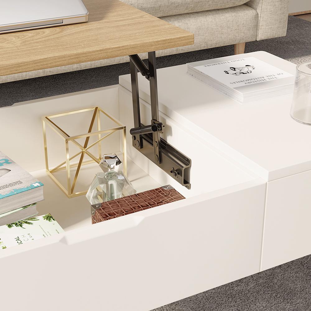 White & Natural Wooden Rectangular Multifunctional Coffee Table with Drawer Lift-Top Storage Table