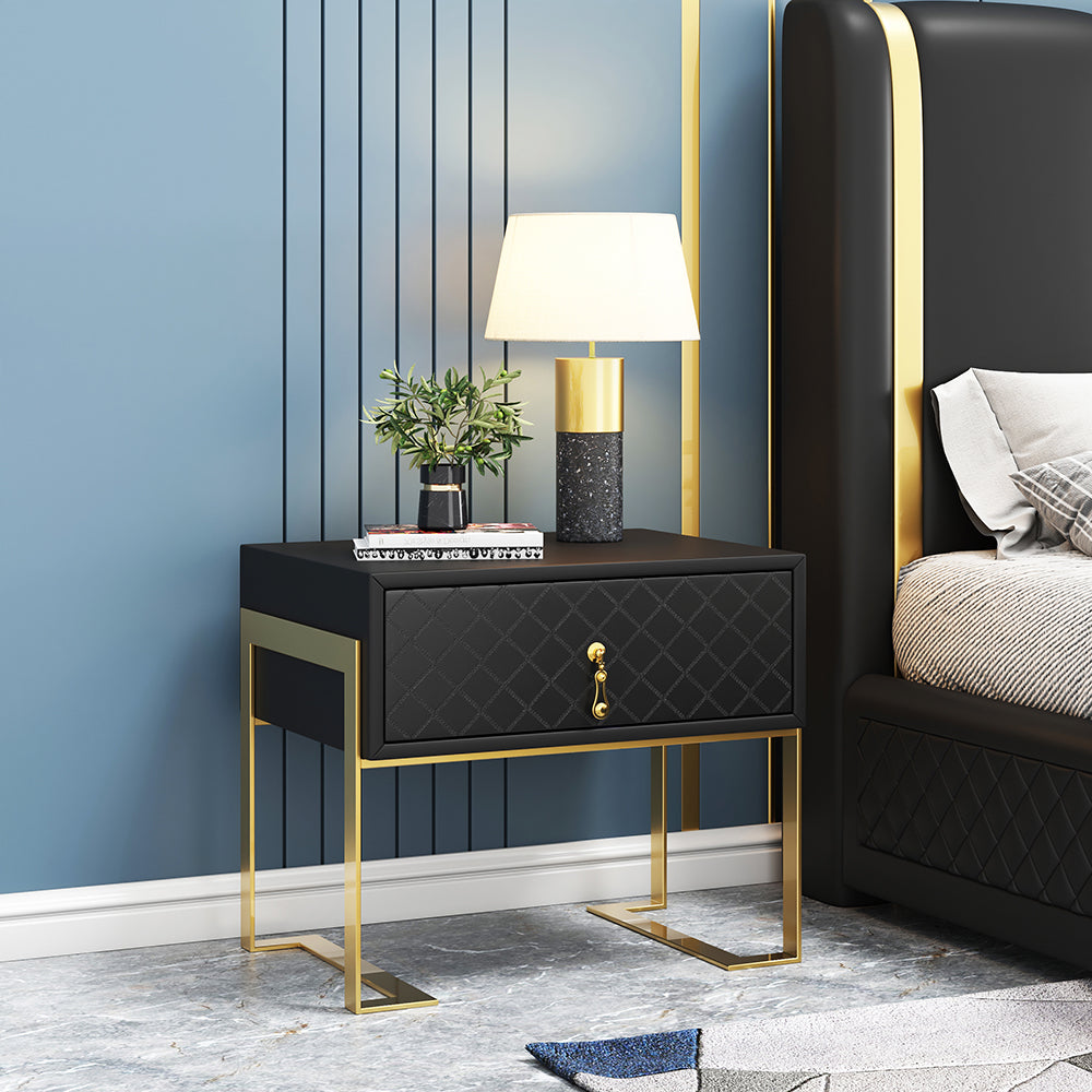 Modern Nightstand with Drawer, PU Leather in Deep Blue, Gold Leg