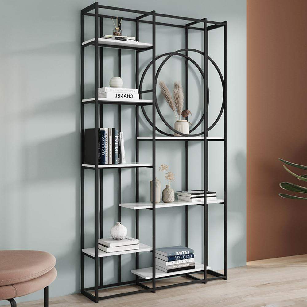 Modern 7-Tier Rectangle Freestanding Geometric Bookshelf in Gold & White-Bookcases & Bookshelves,Furniture,Office Furniture