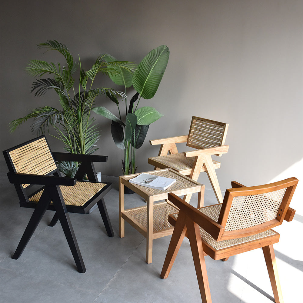 Walnut Contemporary Rattan Upholstered Dining Chair with Solid Wood Base