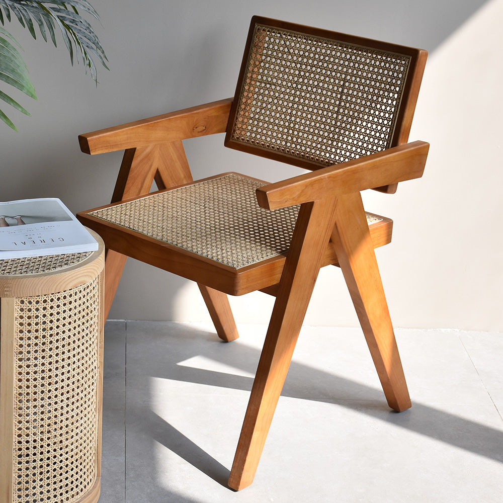 Walnut Contemporary Rattan Upholstered Dining Chair with Solid Wood Base