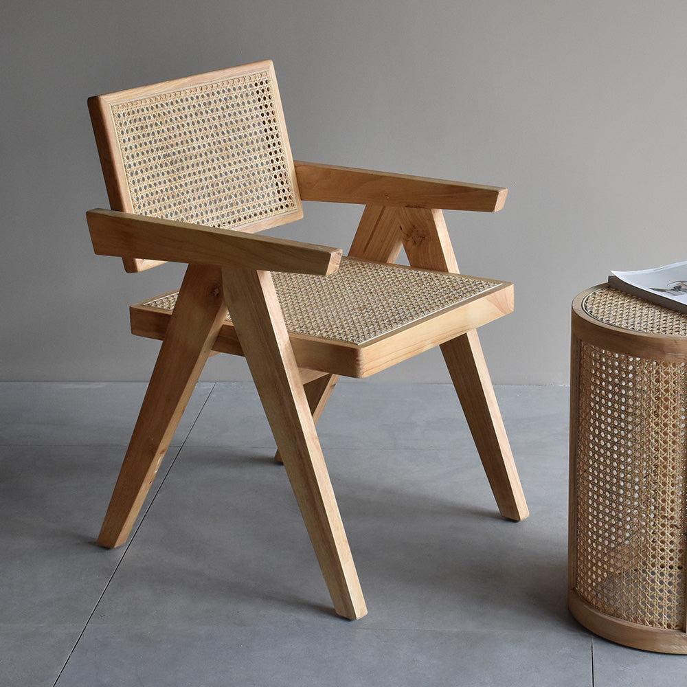 Natural Contemporary Rattan Upholstered Dining Chair with Solid Wood Base