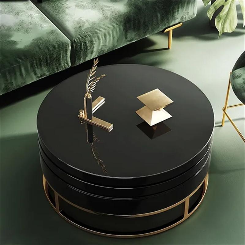 White Round Modern Wood Swivel Coffee Table with Storage Drawer in Gold