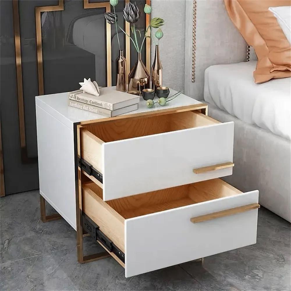 Modern 2 Drawers Black Lacquer Nightstand in Gold