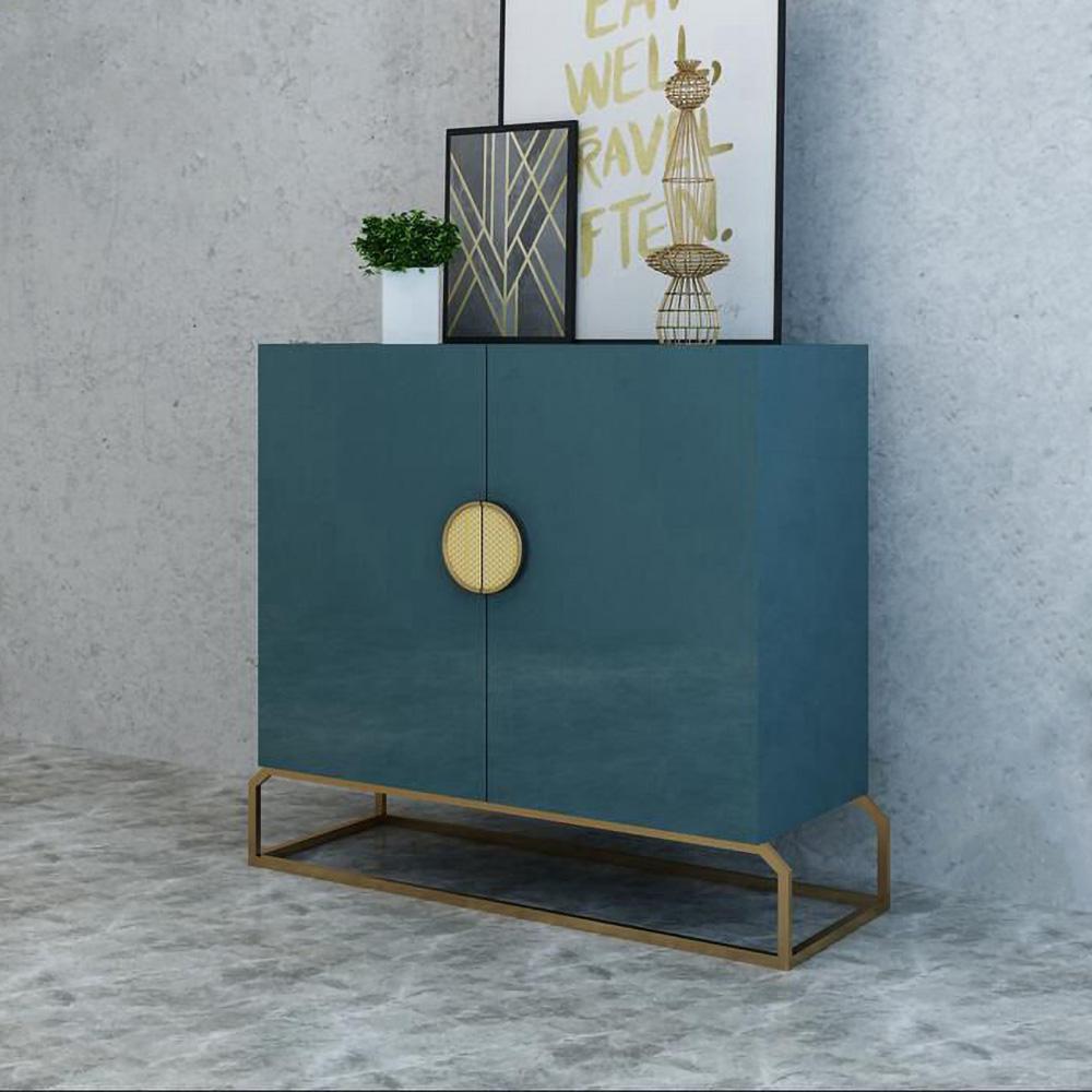 2-Door Peacock Blue Console Table Storage Cabinet Entryway Gold Accent