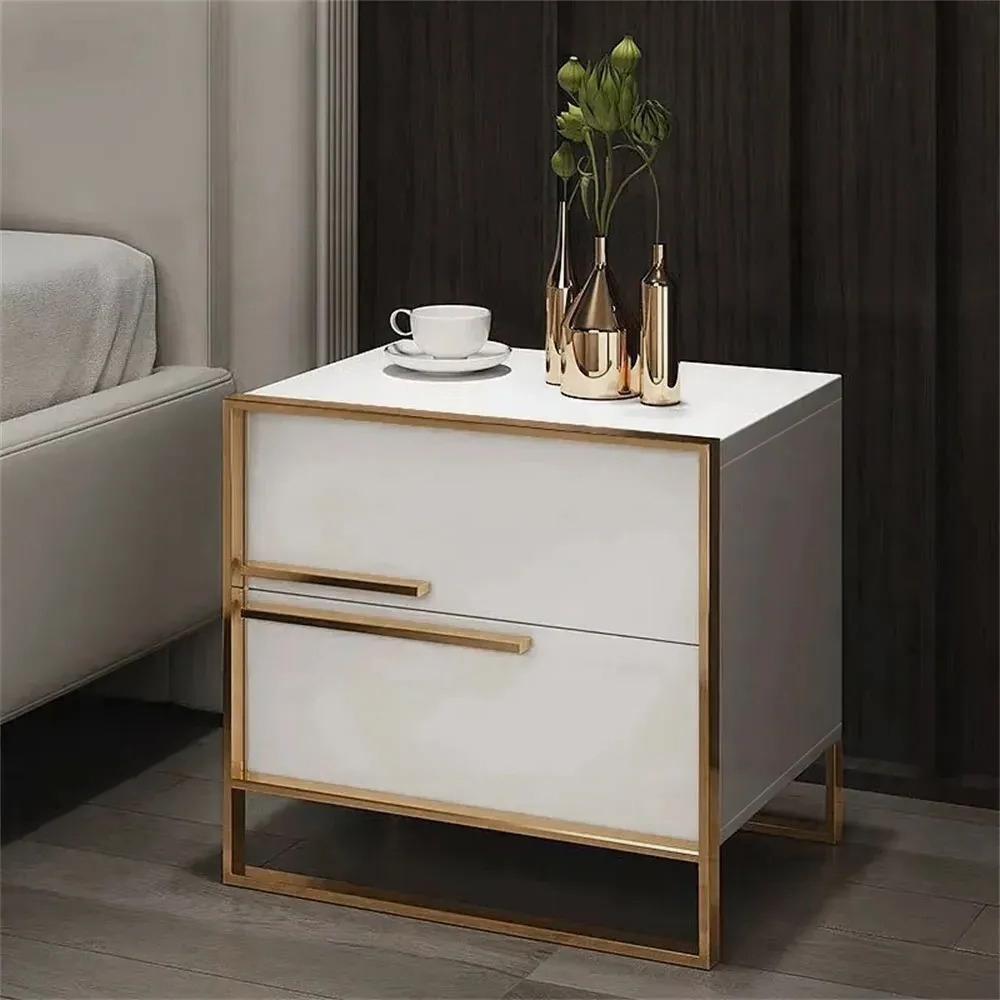 Modern 2 Drawers Black Lacquer Nightstand in Gold