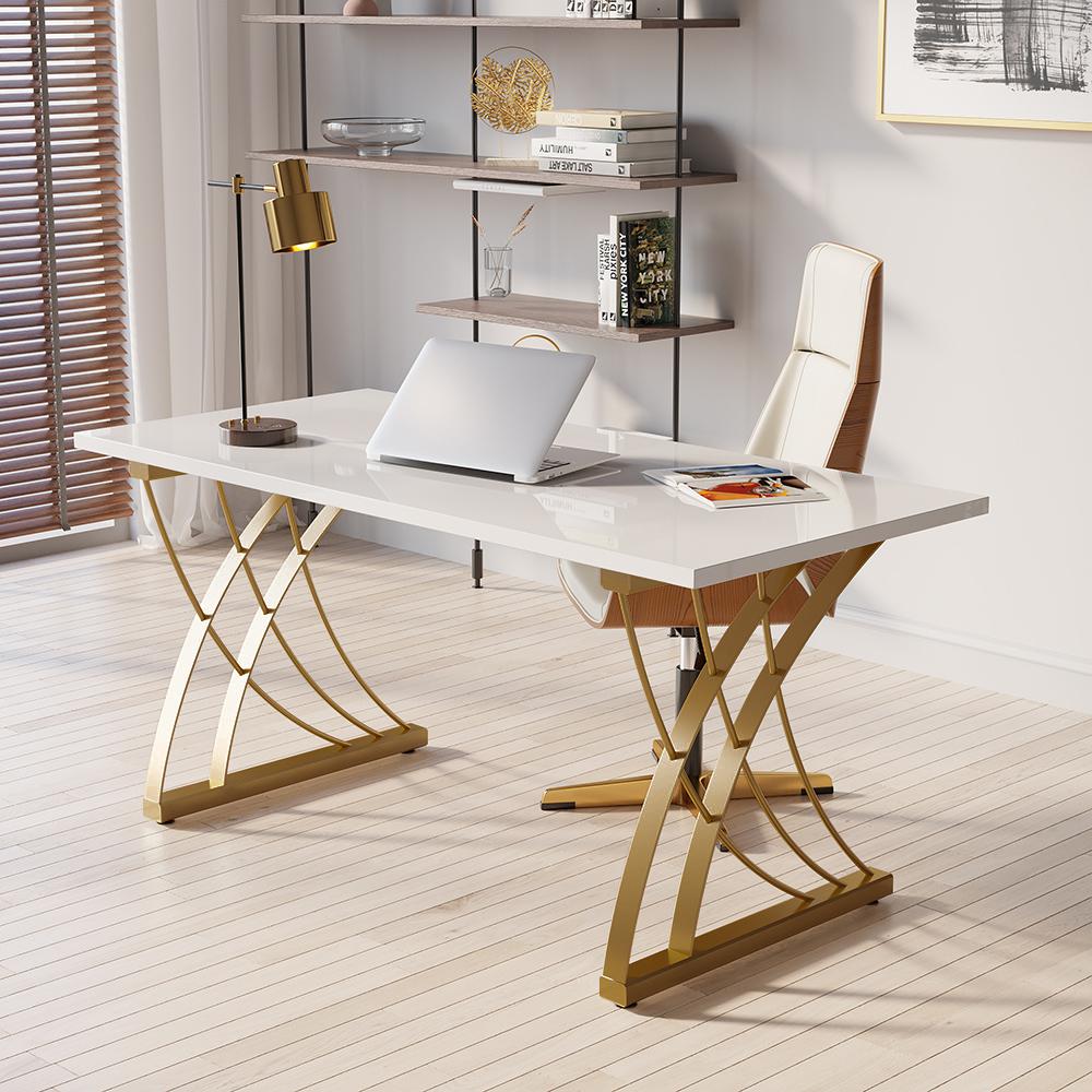 47" Modern White Rectangular Home Office Desk with Pine Wood Table Top & Gold Frame