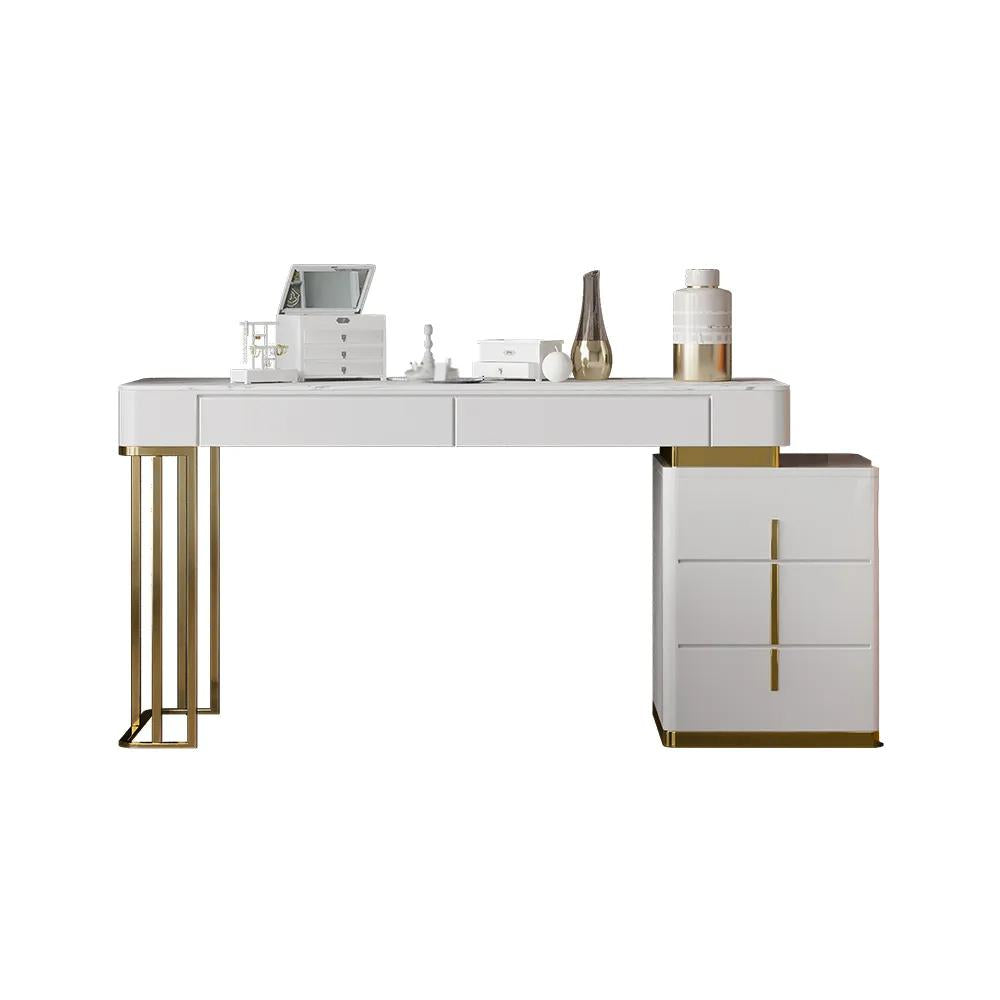 39.4" White Marble Top Makeup Vanity with Drawers & 1 Cabinet