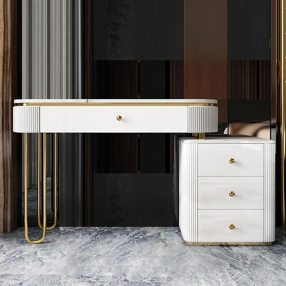 Modern Makeup Vanity Table with Side Cabinet 4 Drawers & Faux Marble Top in White