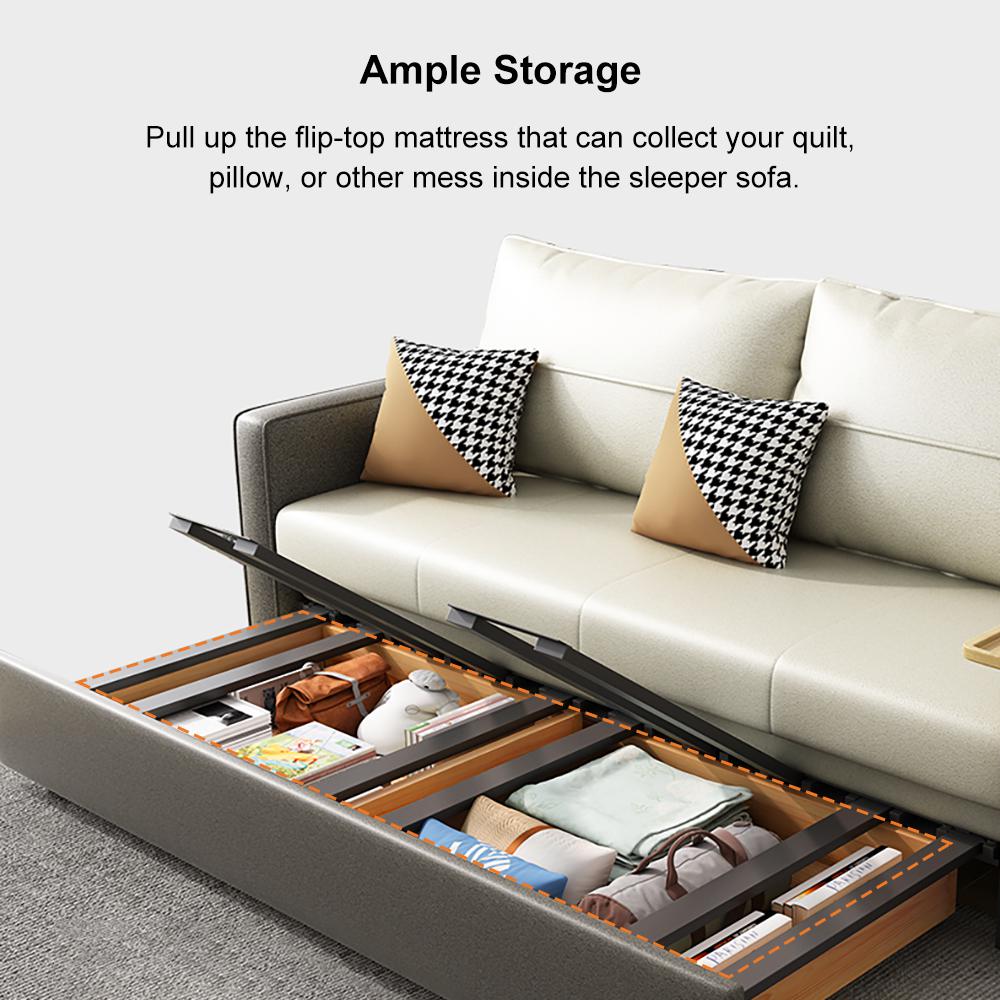 77" Beige & Gray Sleeper Sofa with Lift Top End Table Convertible Sofa Bed with Storage