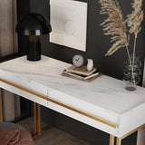 39" Rectangular White Office Desk with Drawers Marble Veneer Top Gold Hardware