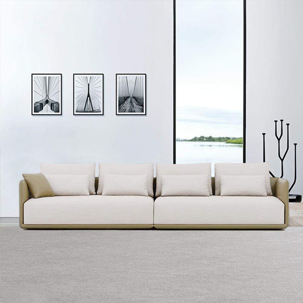 Modern Off-White 4-Seater Sofa PU Leather Upholstered with Side Table-Furniture,Living Room Furniture,Sofas & Loveseats