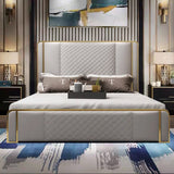 Cal King Platform Bed Gray Faux Leather Bed with Wood Slats Support
