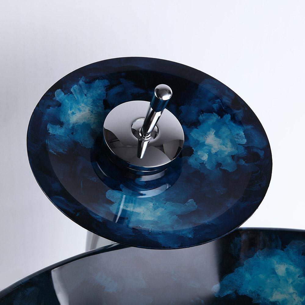Dark Blue Tempered Glass Circular Vessel Sink Waterfall Faucet Set Pop-Up Drain Included