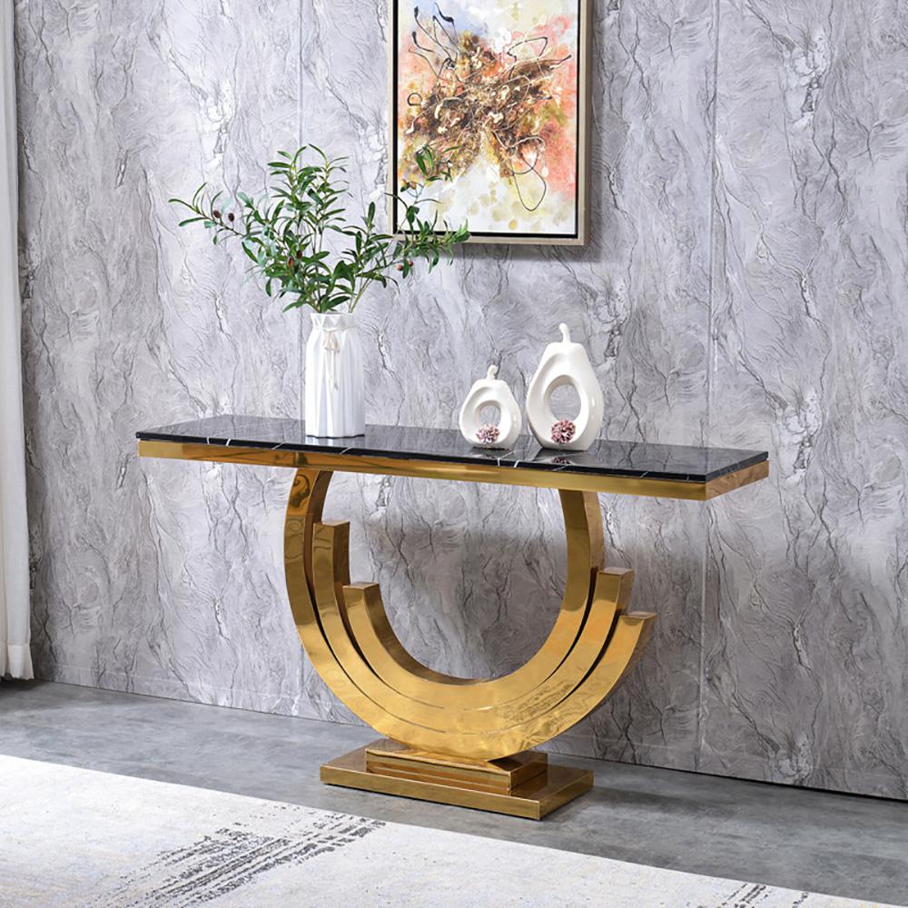59.1" Gold & Black Marble Console Table Narrow Rectangular Entryway Table
