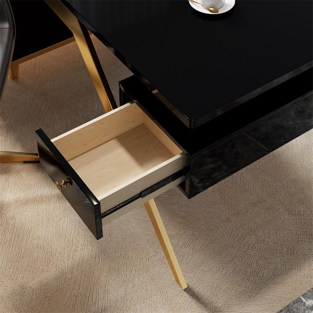 55" Ultra Modern White and Gold Computer Writing Desk with Storage & Drawer