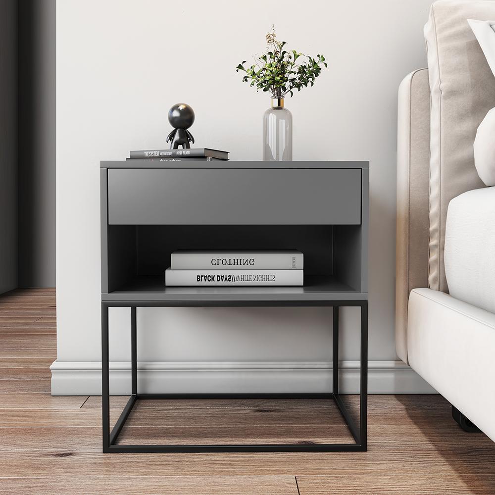 Blue Bedroom Nightstand with Drawer Bedside Table Metal Base
