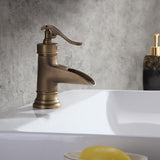 Single Hole Single Handle Waterfall Bathroom Sink Faucet Solid Brass in Antique Brass