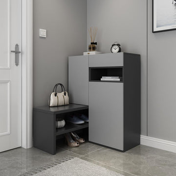 Gray Corner Shoe Storage Cabinet with 7 Shelves & 1 Drawer Entryway Shoe Storage