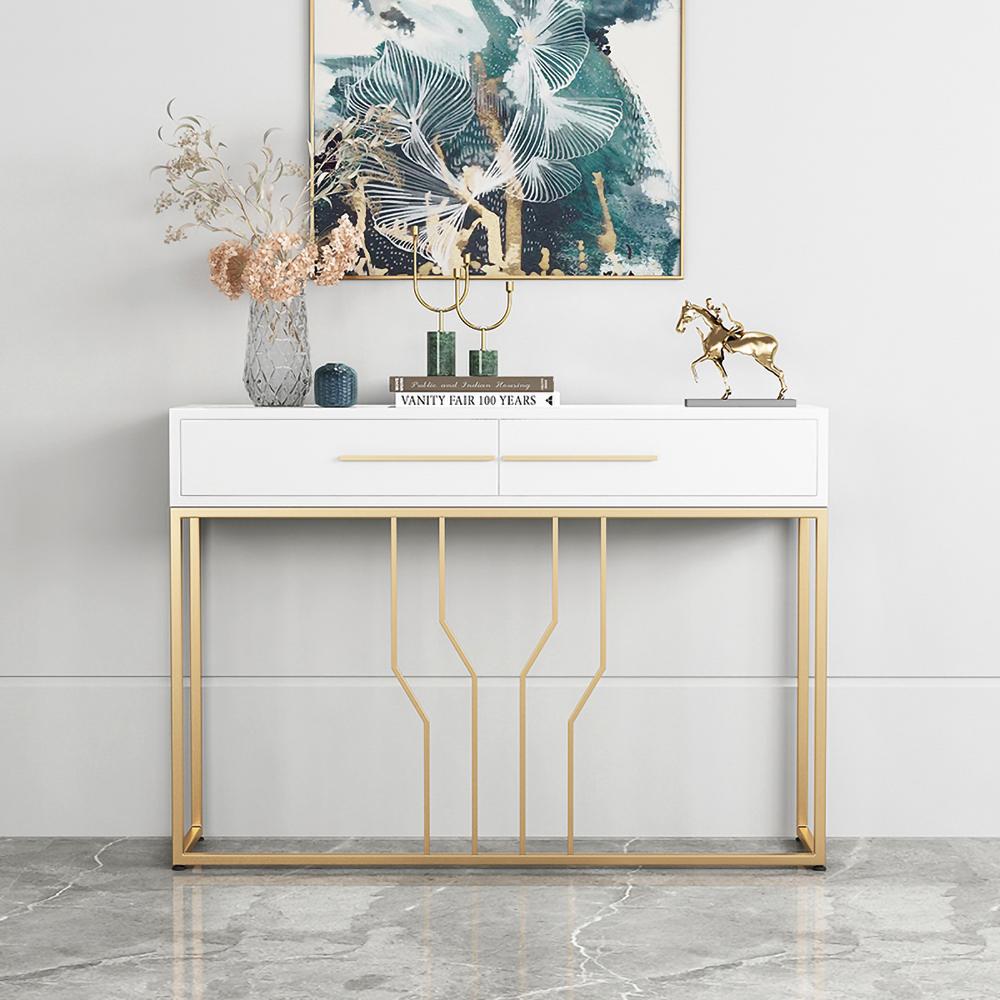 Narrow Console Table with Drawers Wood Top in White