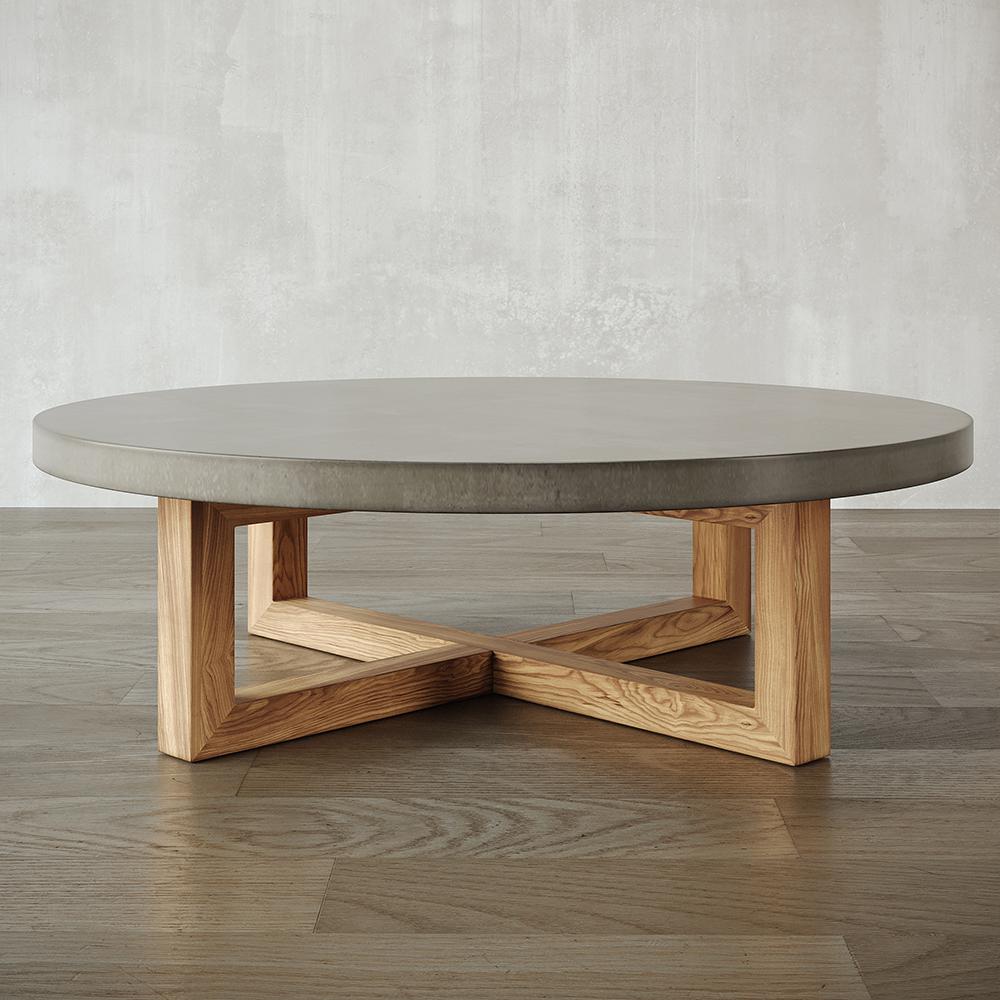 31" Round Concrete Gray Coffee Table with Cross Legs Pine Wood Base