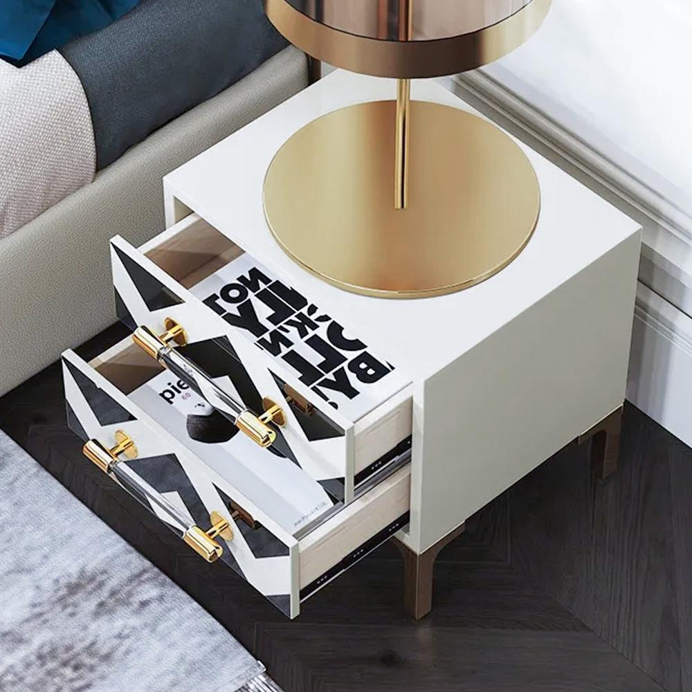 2 Drawers Black & White Nightstand with Drawer Mid-Century Bedside Table Gold Legs