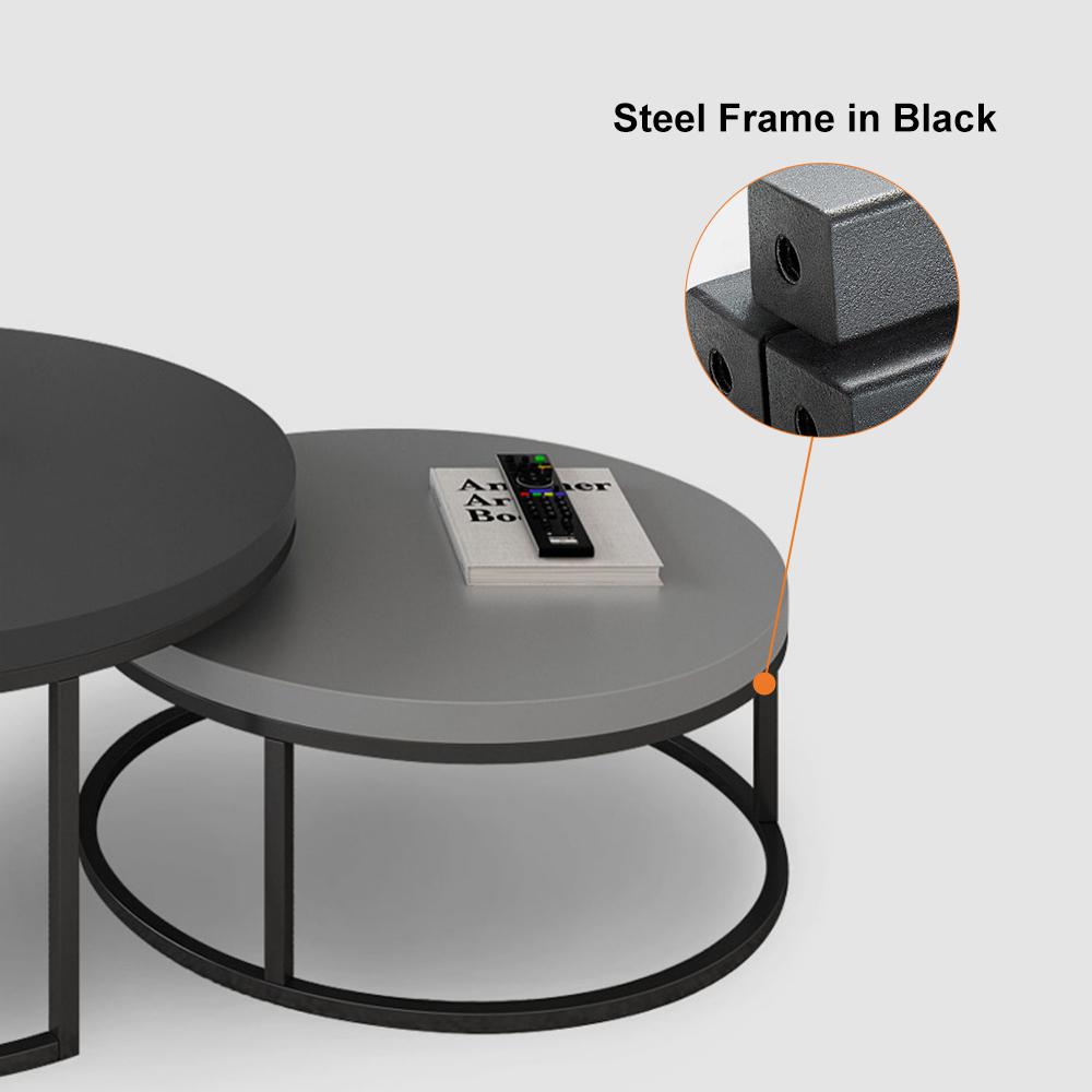 2 Pieces Modern Wood Gray & Black Round Nesting Coffee Table for Living Room