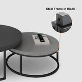 2 Pieces Modern Wood Gray & Black Round Nesting Coffee Table for Living Room
