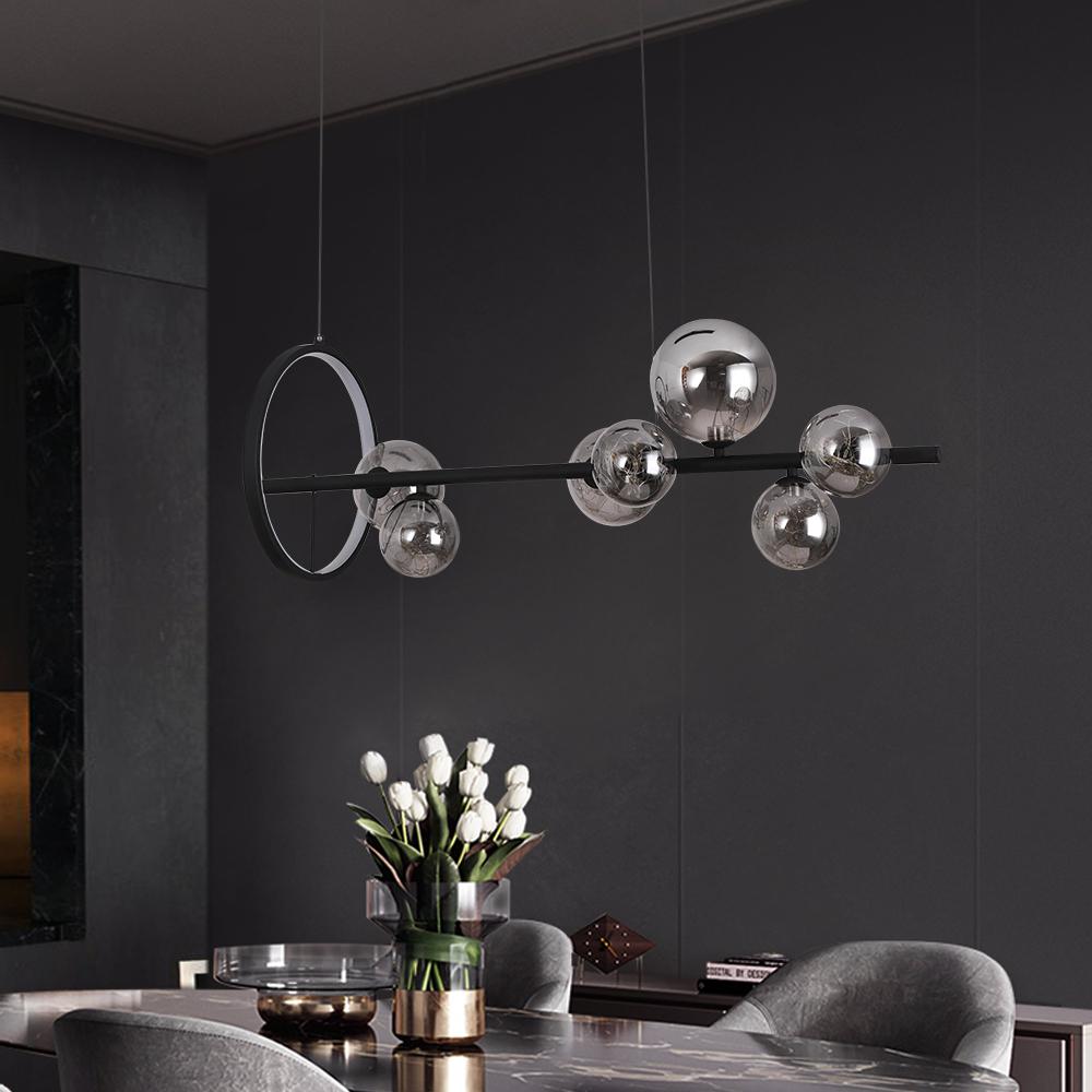 Modern 7-Light Black Kitchen Island Light with Glass Globe Shade Ceiling Pendant Lights