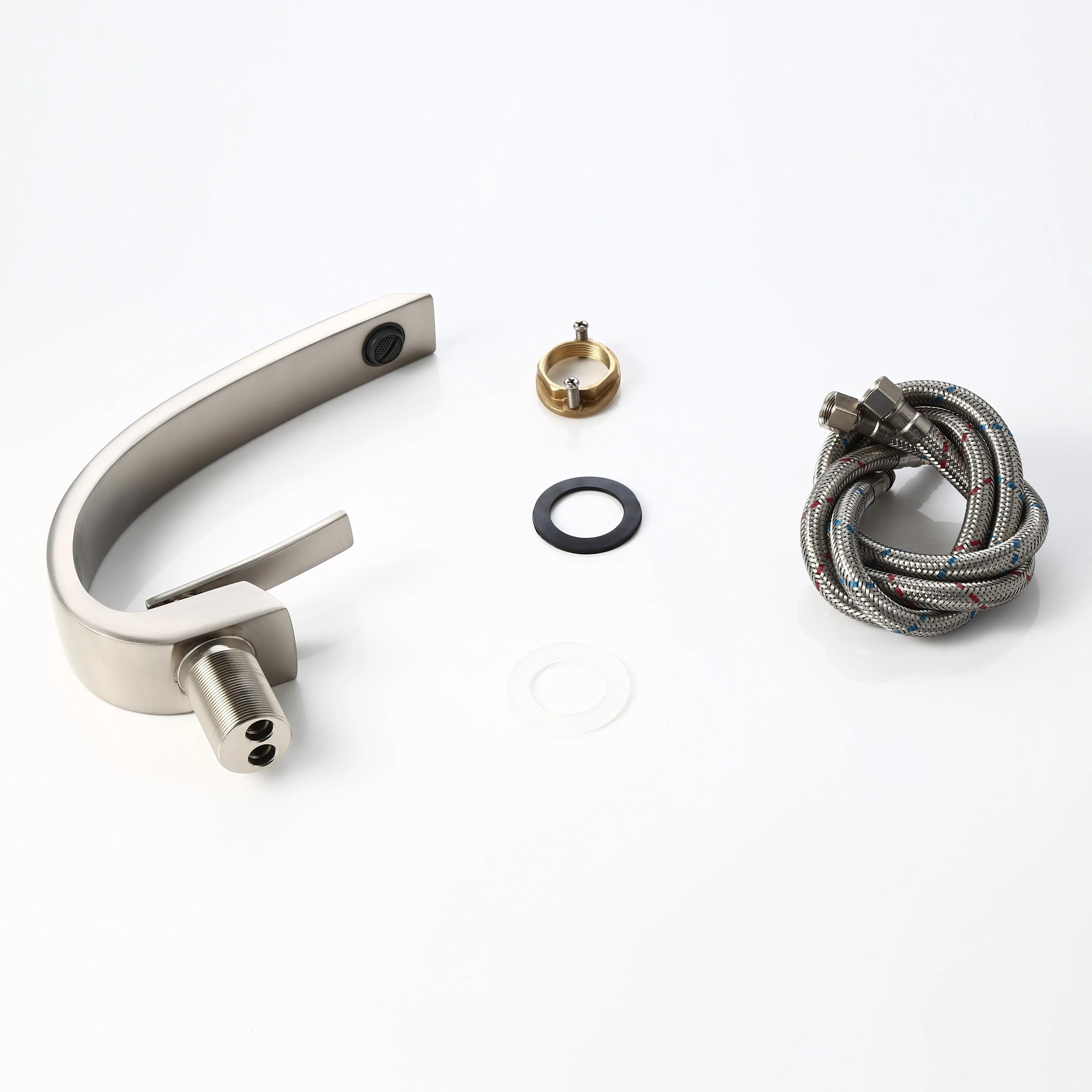 Modern Single Hole 1-Handle C-Shaped Curved Spout Bathroom Sink Faucet with Pop Up Drain in Brushed Nickel