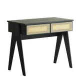 Modern Black Rattan Desk Home Office Desk with Drawers Wooden Writing Desk