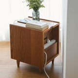 Rustic Rattan Nightstand Simple Walnut Bedroom with Storage Solid Wood Bedside Table