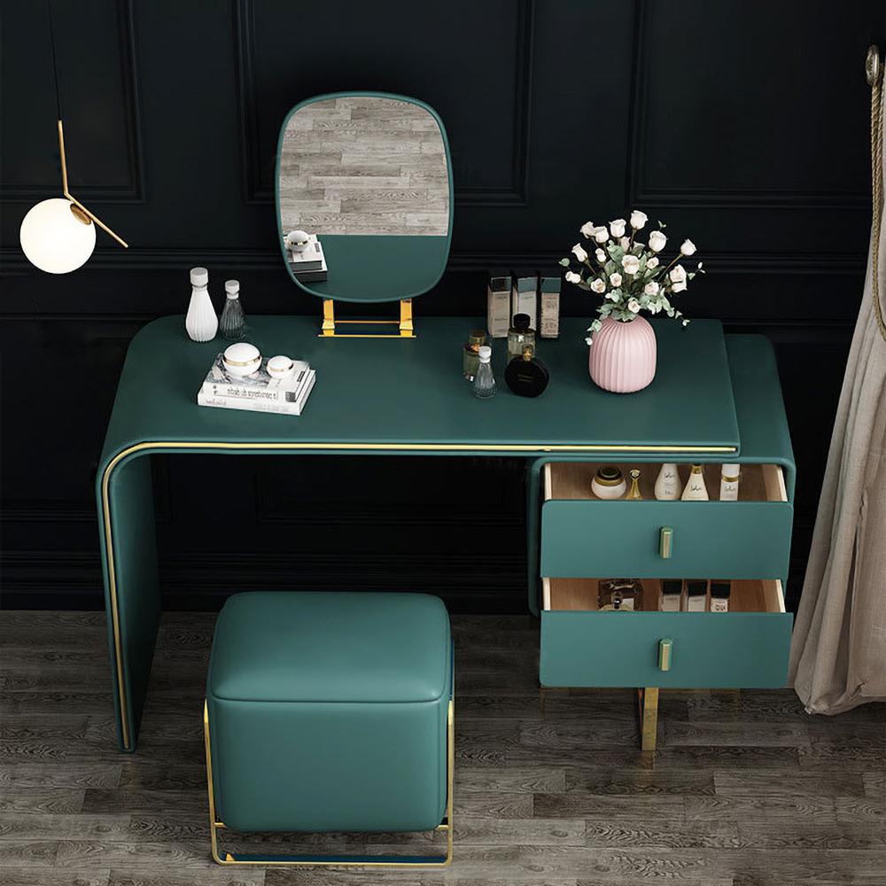 Green Makeup Vanity Set Expandable Dressing Table with Mirror&Side Cabinet&Stool
