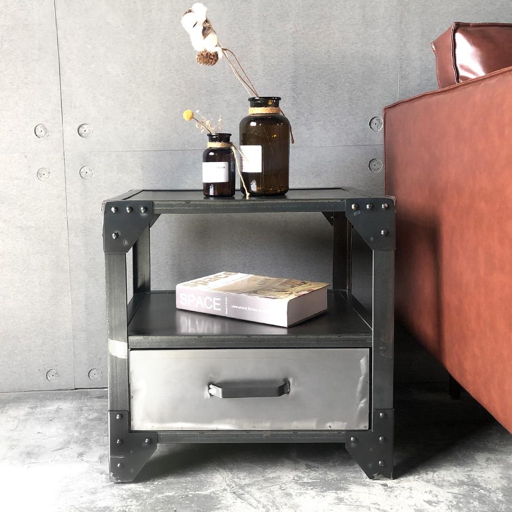 Industrial Metal Nightstand Bedside with Storage 1 Drawer Brushed Black